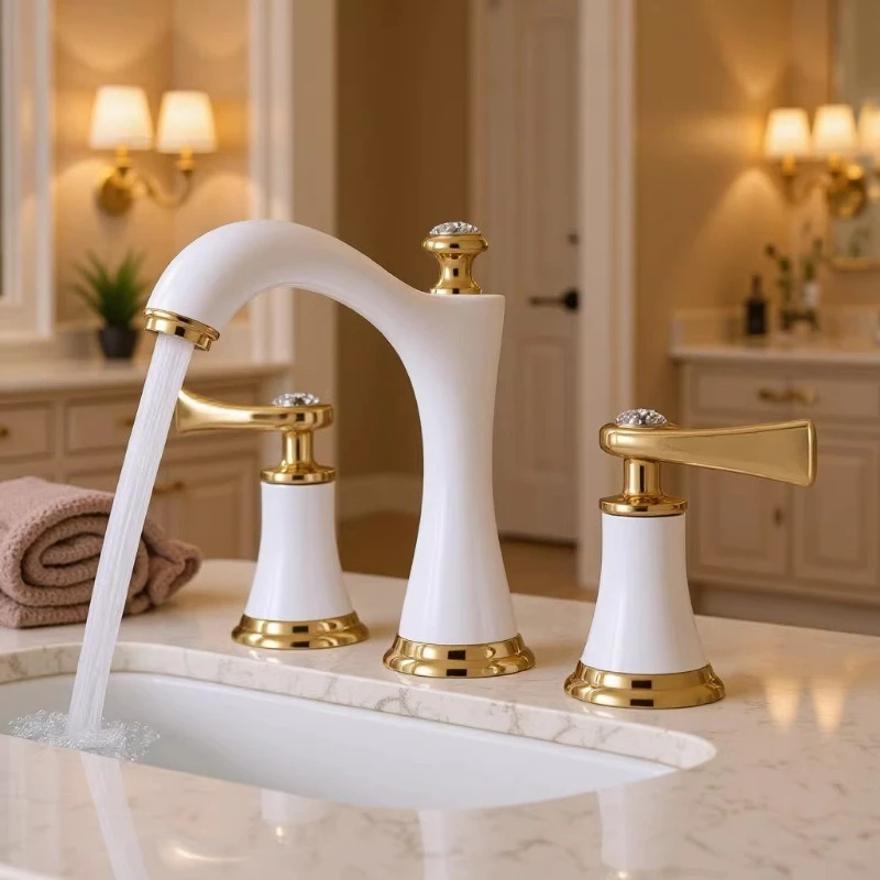 European Style Double Handle Three Hole Basin Faucet Split Bathroom Sink Hot and Cold Water Washbasin Tap for Bathrooms
