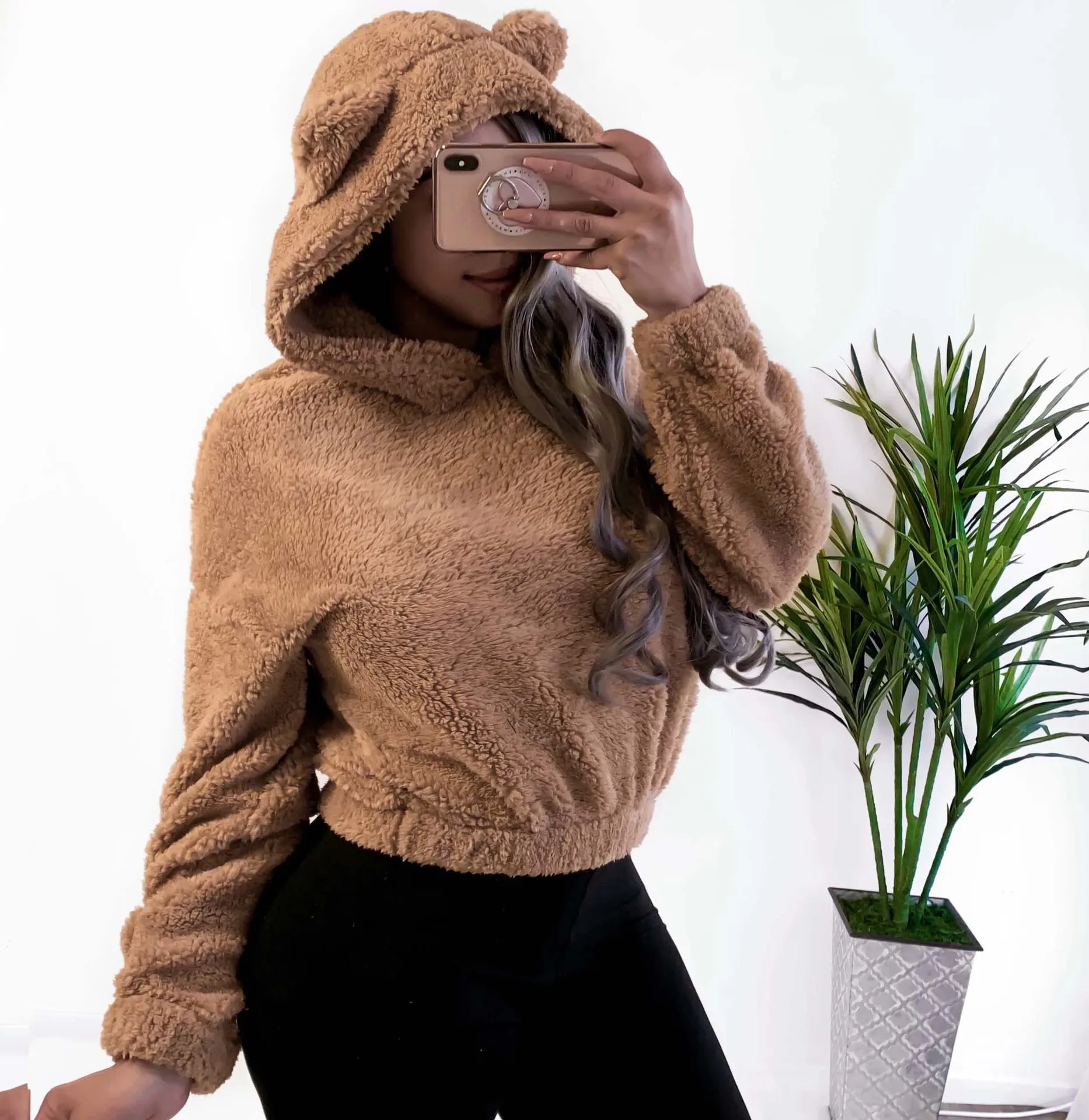 

Casual Plush Pullover Women Fashion Solid Color Short Long Sleeve Spliced ​​Little Bear Ears Hoodie Autumn Winter New Sweatshirt