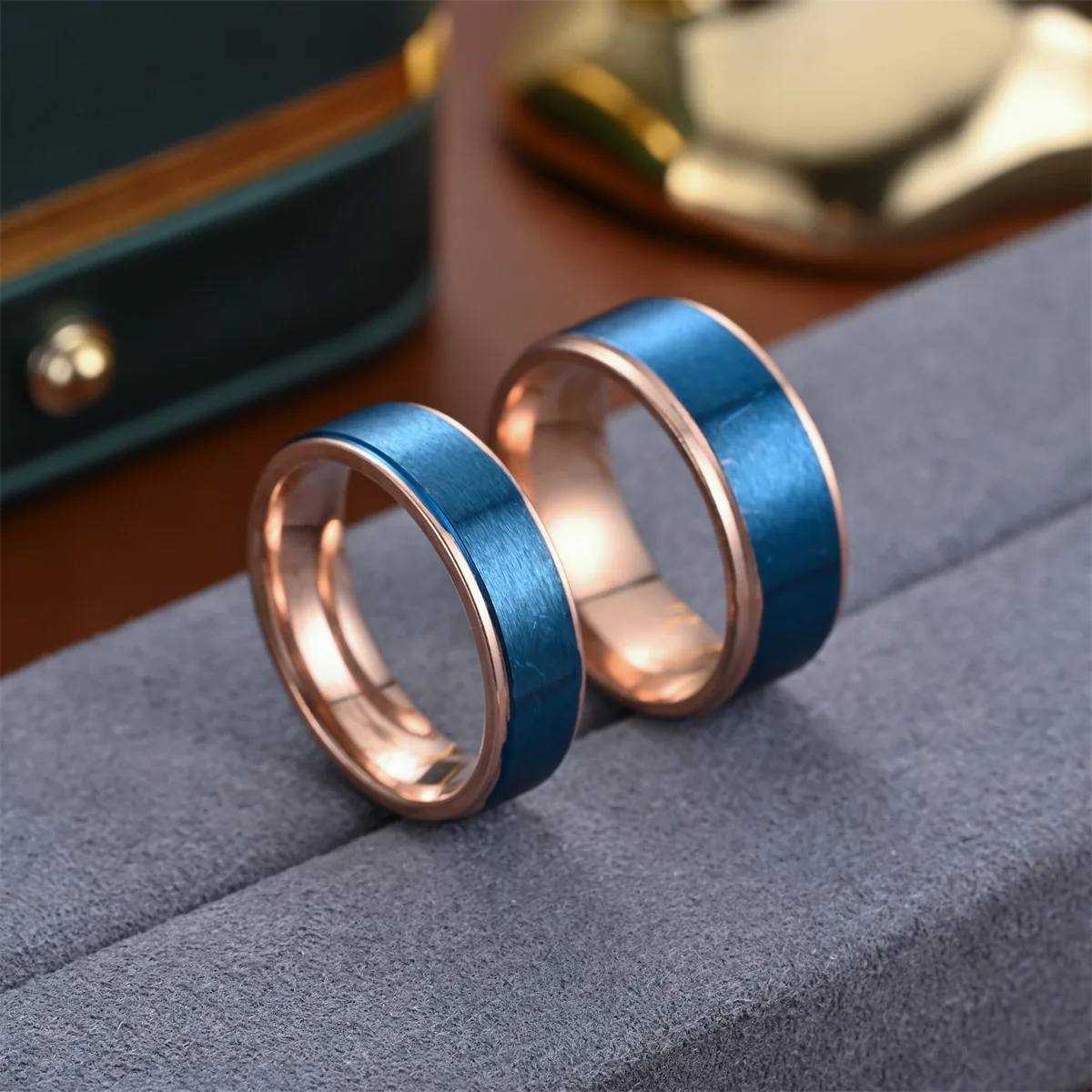 Hot Selling Stainless Steel Two Tone Rose Gold And Blue Couple Ring For Women Men Jewelry Accessories Gifts Size 6-13