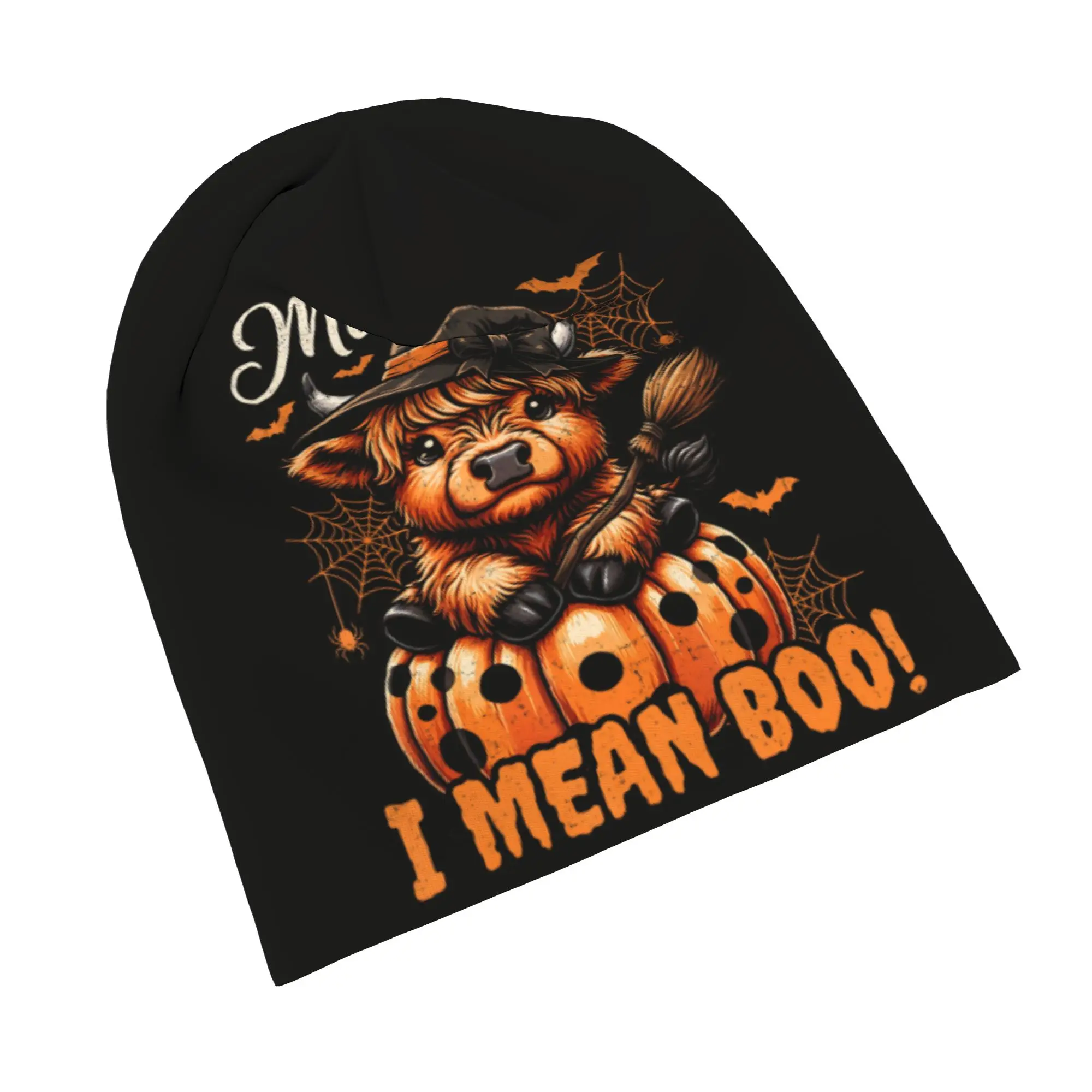 Moo I Mean Boo Witch Cow Spooky Fall Bonnet Hat Autumn Winter Outdoor Highland Cow Skullies Beanies Hat Unisex Warm Dual-use Cap