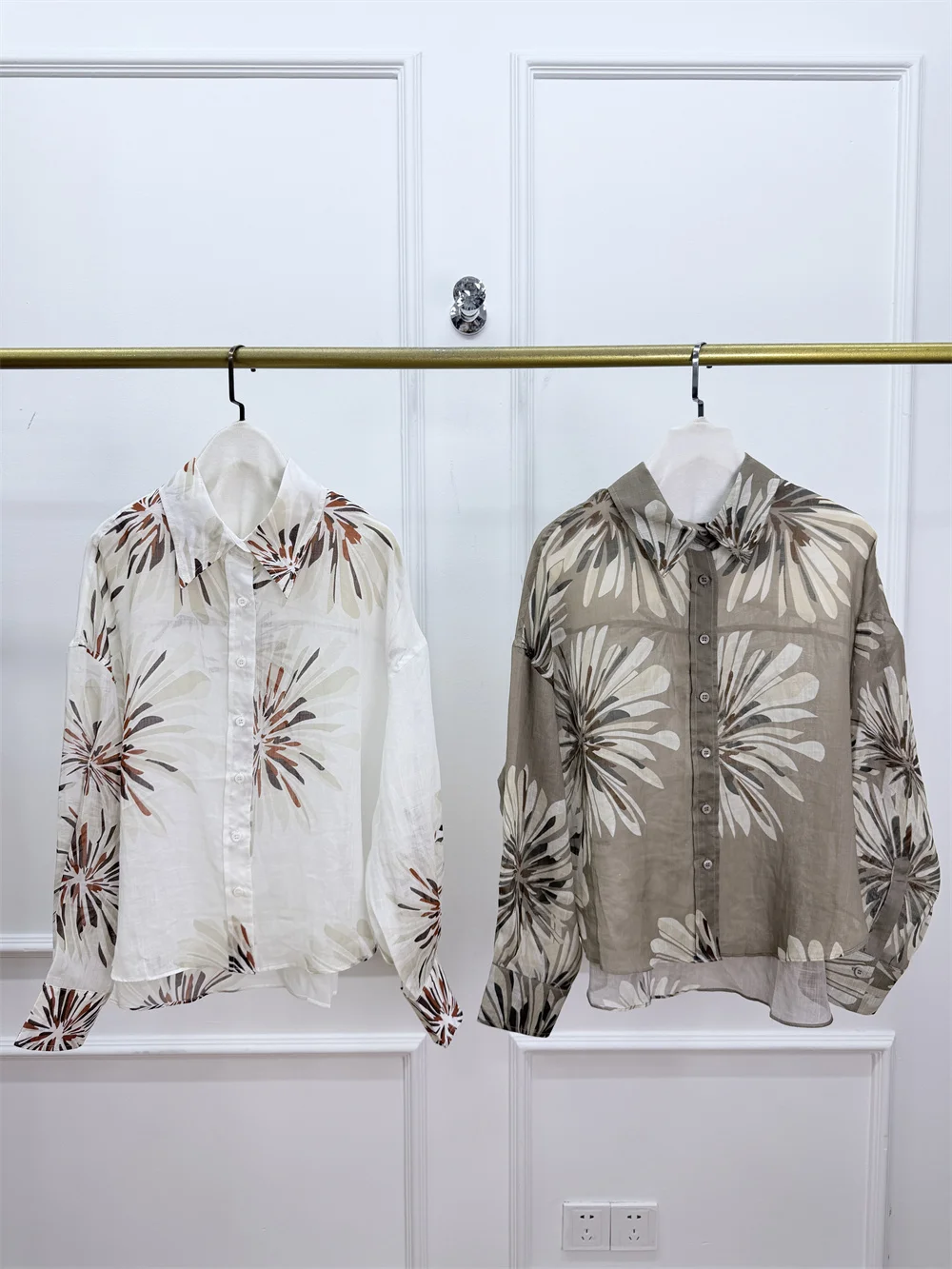 

Summer Women's Lapel Beaded Thin 100 Ramie Print Shirt Top Loose Casual Sun Protection Shirt