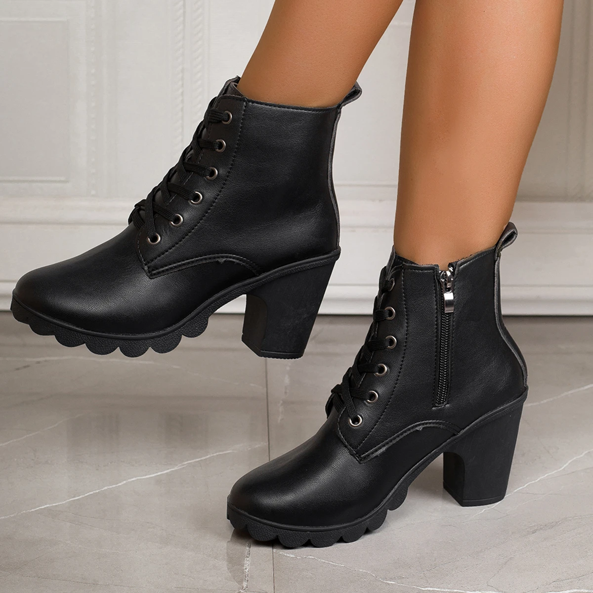 Sexy Seite Zipper High Heel Stiefeletten Frauen Herbst Mode Schwarz Runde Kappe Chelsea Stiefel Chunky Plattform frauen Stiefel