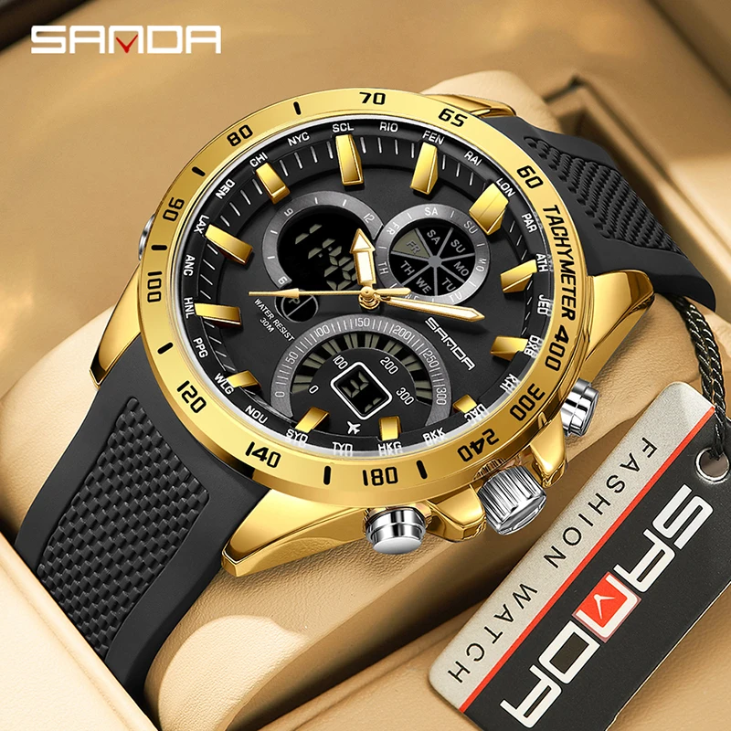 SANDA  Classic Brand 3175 Men's Electronic Quartz Dual Movement Screen Black Technology Multi Functional Waterproof 30M Watches