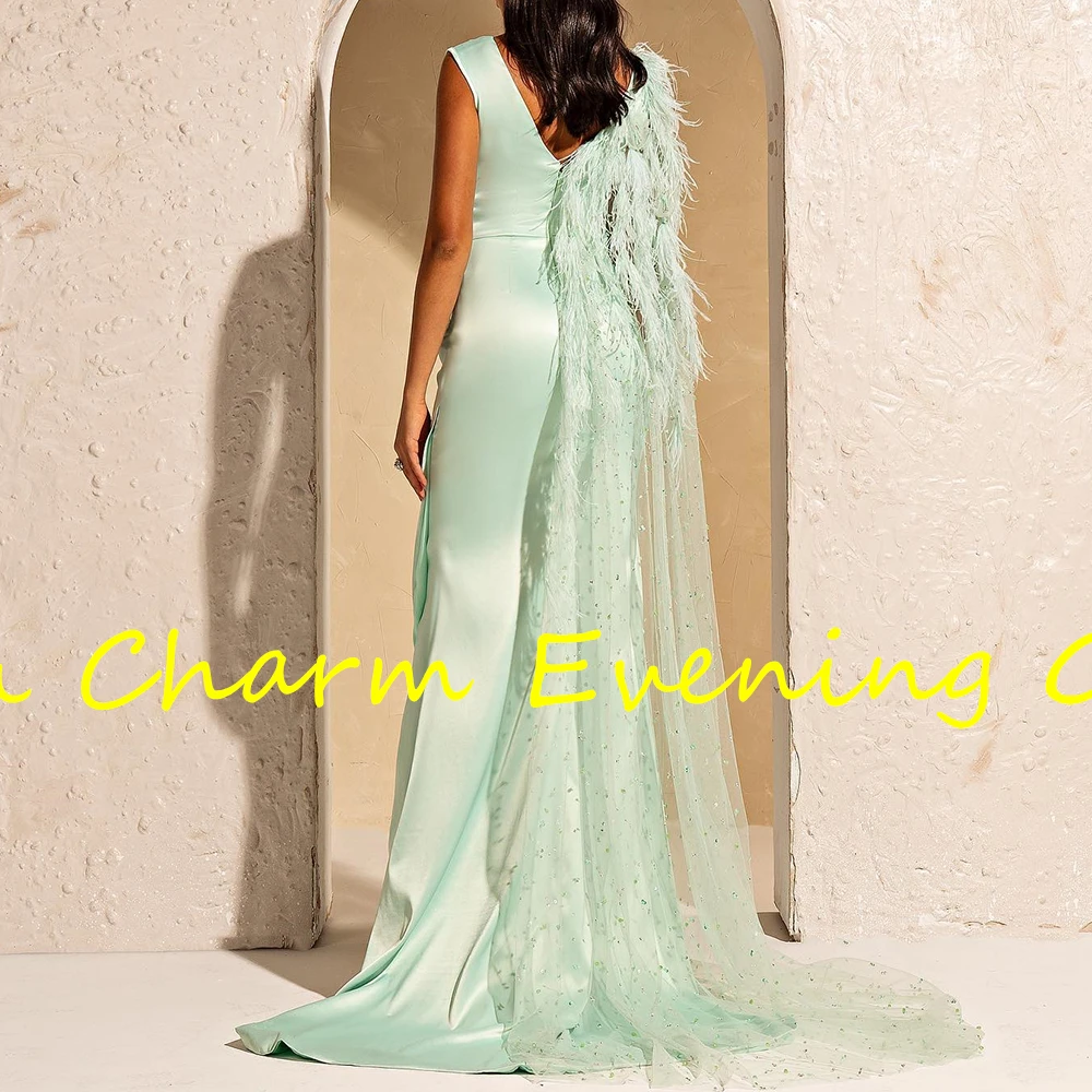 Fashion Straight Floor Length V-Neck Sleeveless Satin Feathers Crystal Evening Dress Modern Photo Color vestidos de fiesta