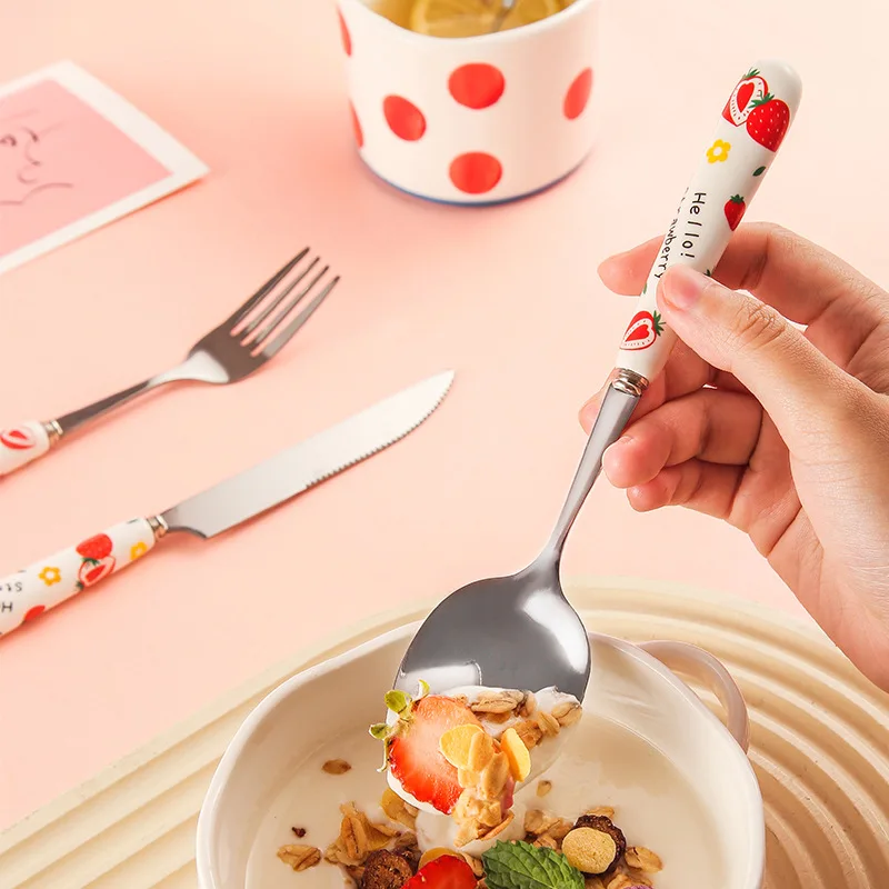 Stainless Steel Tableware Cute Cartoon Girl Heart Strawberry Ceramic Handle Main Dinner Knife Fork Spoon Kitchen Items