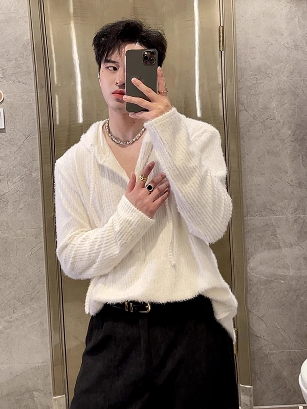 

Кофейно-коричневый мягкий драпированный вязаный свитер с капюшоном для мужчин, осенний свободный повседневный свитер, внутренняя одежда, удобная длинная све