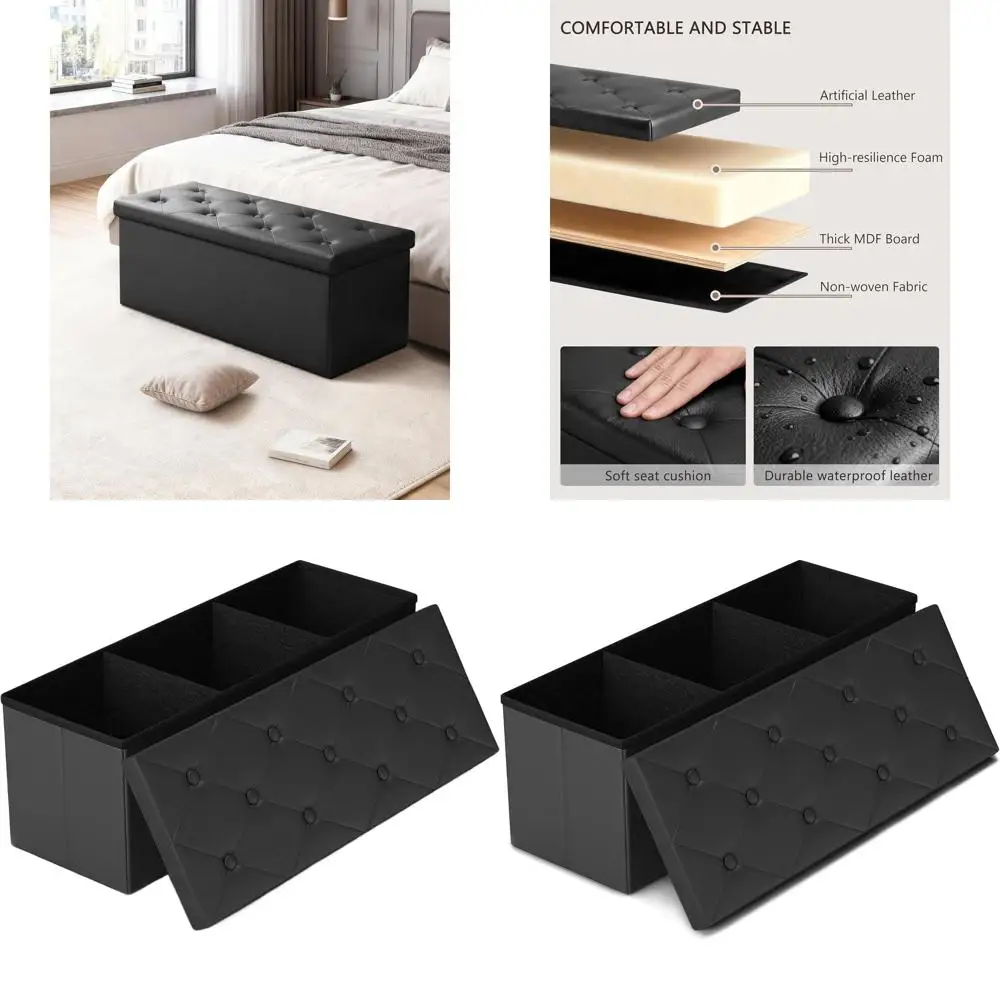 

43 Складная османская скамейка с местом для хранения вещей, 2 перегородки, искусственная кожа, идеально подходит для гостиной, спальни и прихожей, черный