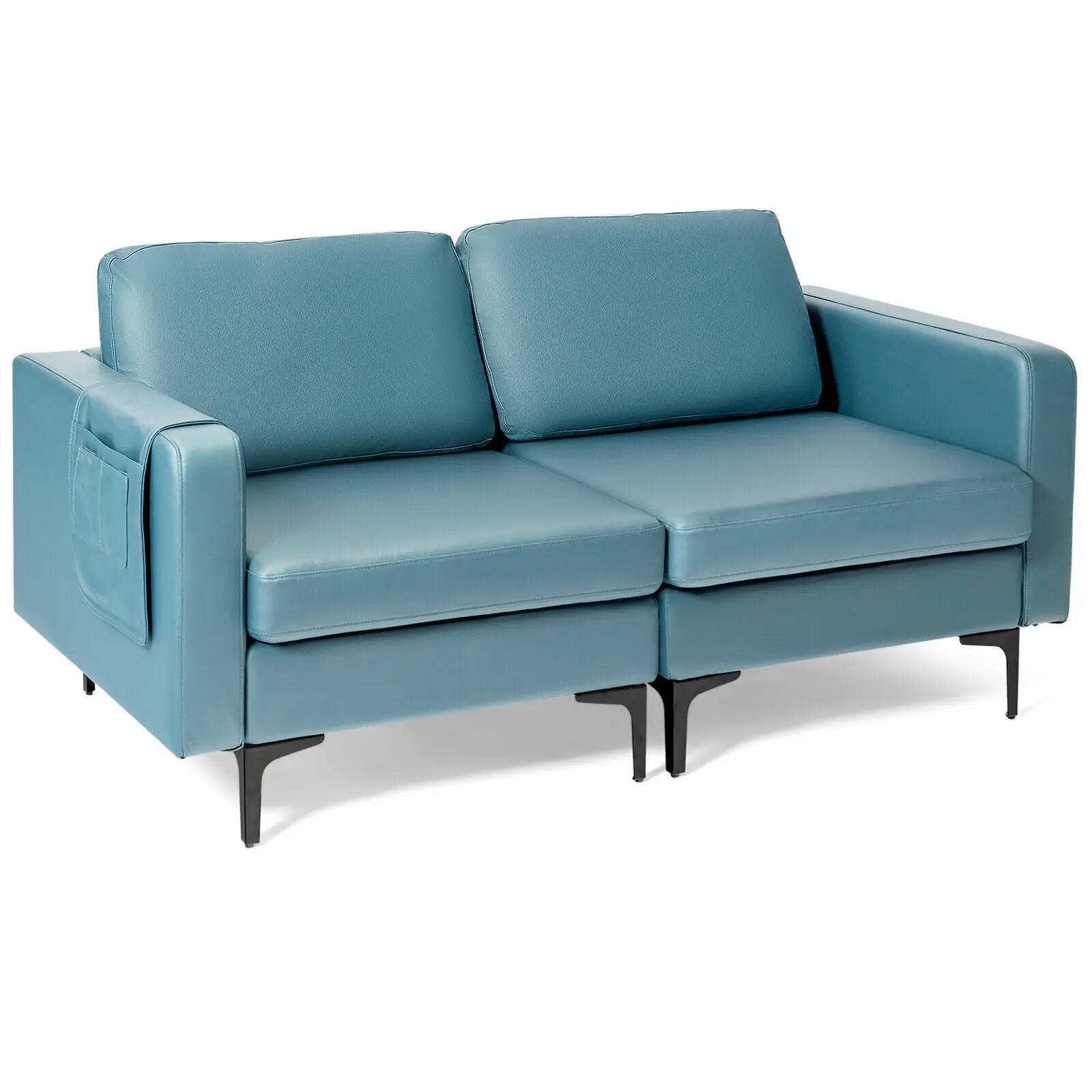 Costway Modern Loveseat Leathaire Fabric 2-Seat Sofa Couch w/ Side Storage Pocket Blue