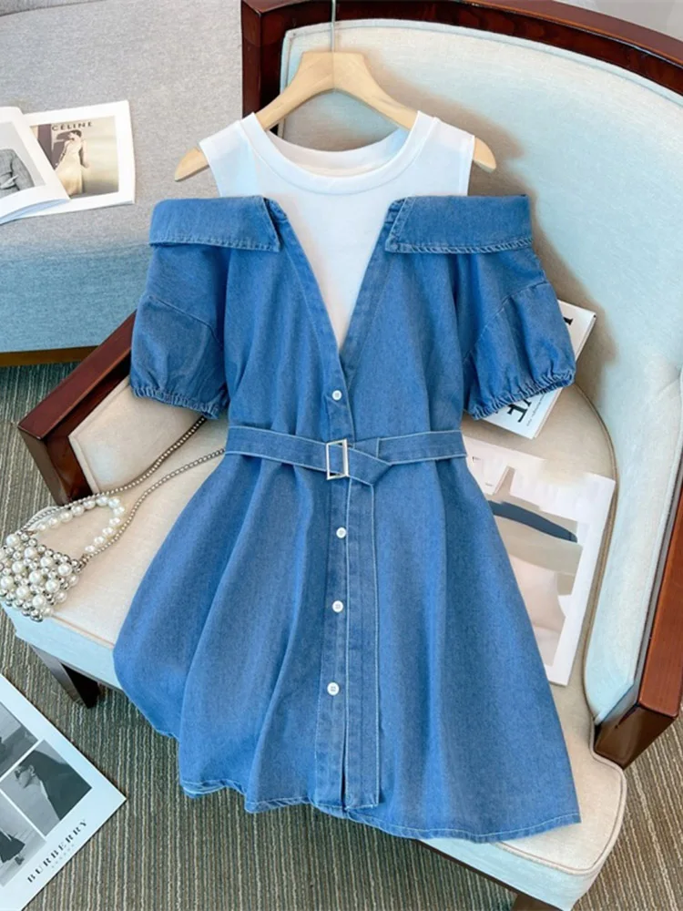 

Summer New Women Off Shoulder Denim Dress Leisure O-neck Short Sleeve Fake Two Pieces Dress Oversized Ladies Dress