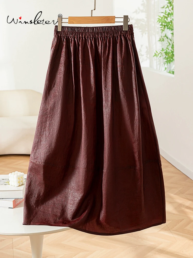 Winsleter-100%Real Silk Watered Gauze Elegant Skirts, Elastic Waist Craquelure, Women Commute Lantern Skirt, 2025 Fall B59668CC
