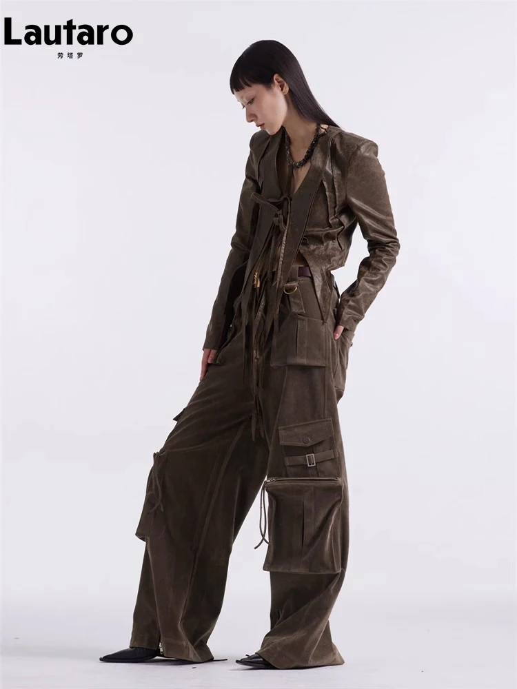 Lautaro Lente Herfst Cool Distressed Bruin Faux Leren Jas Vrouwen V-Hals Lange Mouw Luxe Designer Kleding Catwalk Mode