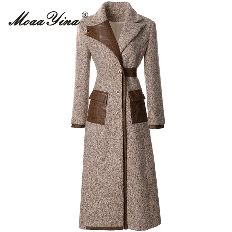 MoaaYina Autumn/winter New Style Vintage Designer Coat Women Brown Notched Single-breasted Slim Fit S-3XL Long Overcoat