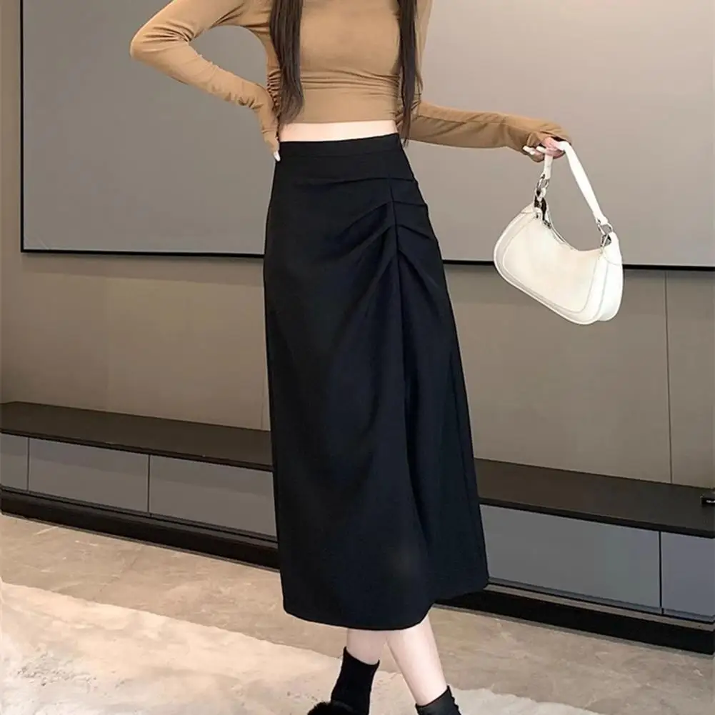 Women Skirt Stylish Women's Midi Skirts High Waist A-line Design Side Slit Shirring Hip Wrapped Skirt for Work Leisure for Daily