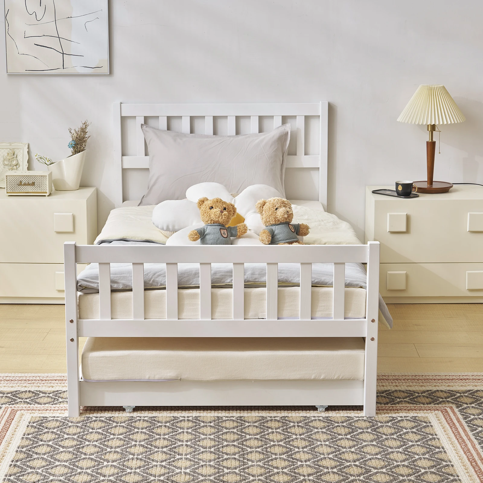 Litera individual con cama de arrastre, cama de madera doble blanca, tablero de partículas de pino, cama de arrastre