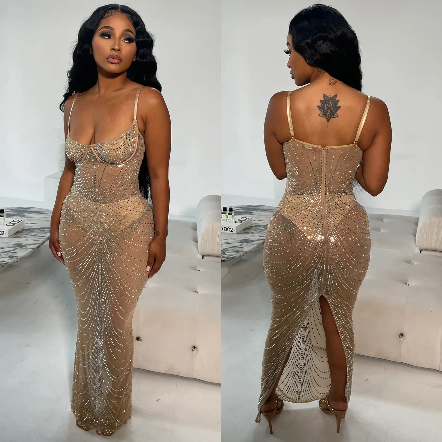 Black Nude Mesh Rhinestone Birthday Party Prom Sexy Bodycon Dress Long Luxury See Through Night Club Outfits Women Evening Gowns