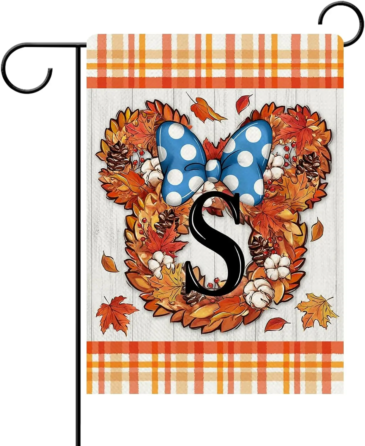 Fall Cartoon Mouse Wreath Decorative Garden Flag, Autumn Monogram Letter S Plaid Farmhouse Yard Outside Home Decor, Family Last