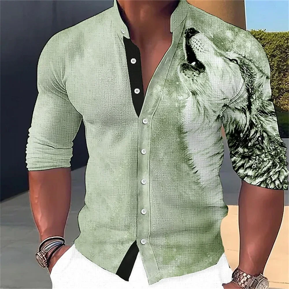 Men's creative animal 3D printing collar button up long sleeved shirt street fashion casual comfortable fabric men's clothing