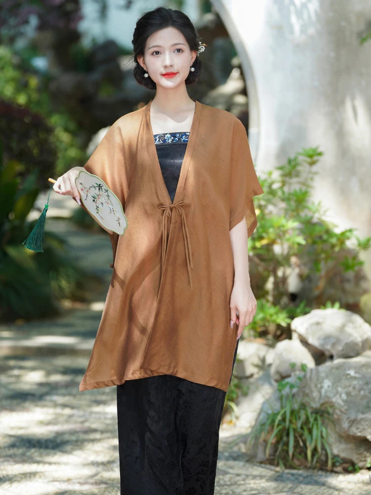 

Poye Summer Embroidered Button oulder Strap awl Acetate Lyocell Linen Hanfu Sle Sun Protection Outerwear Women's Top