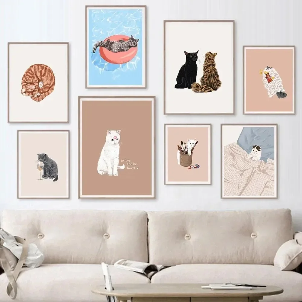 Multi-size 1PC frameless high-definition decorative paintings,Funny Cat Taste Champagne Lazy Summer Painting Kitchen Cat Lover G