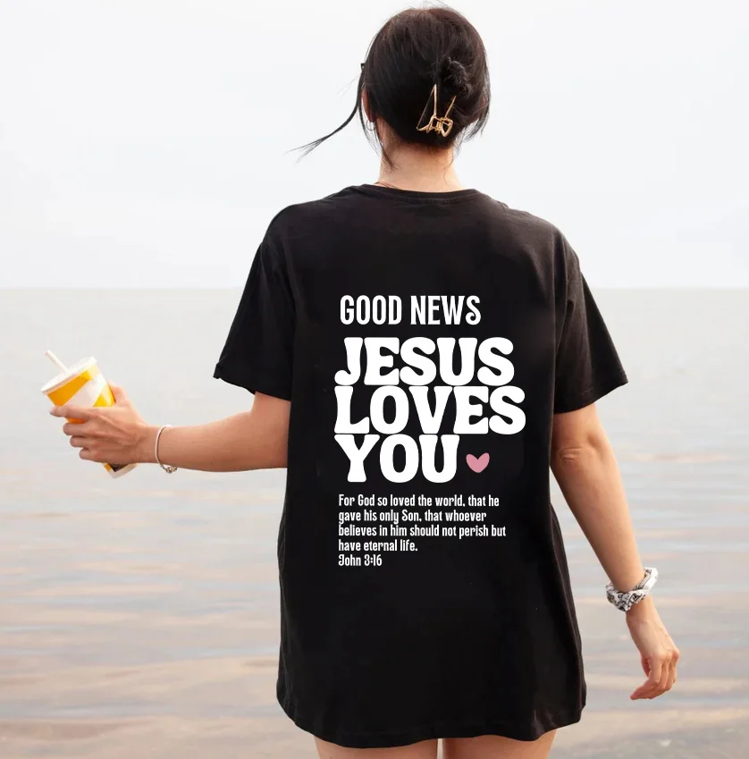 Good News Jesus Loves You Colored Oversized T-Shirt Christian Loose Tee Women Trendy Casual Cotton Aesthetic Top