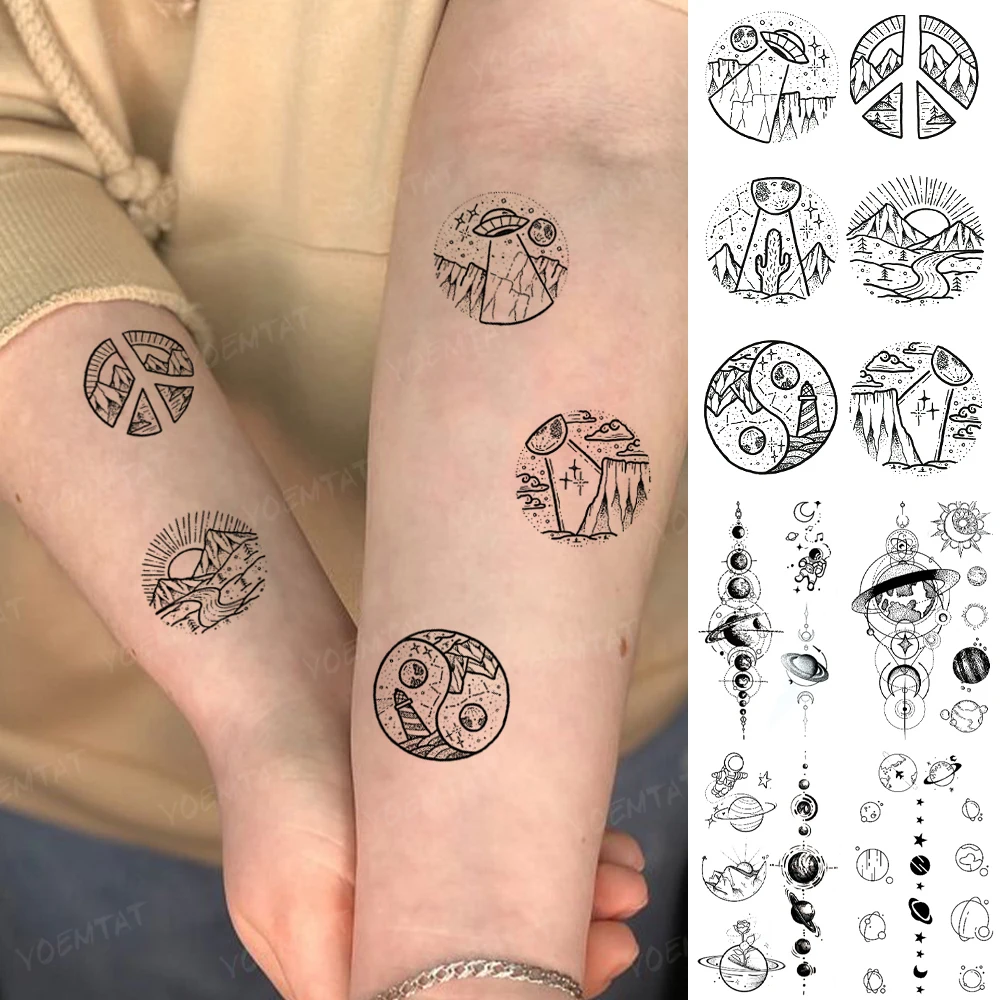 

Water Transfer Temporary Tattoo Sticker Spaceship Gossip Mountains Flash Tatoo Circular Pattern Wrist Body Art Fake Tatto Women