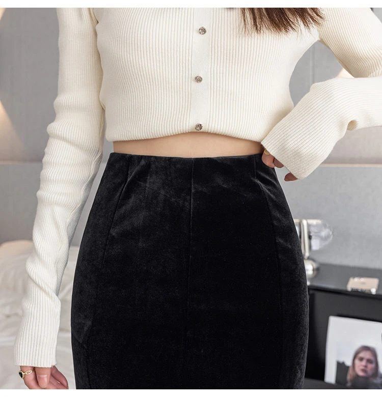 2025 Lente Herfst Vrouwen Hoge Taille Zwart Fluwelen Trompet Rok, Vrouw Kleding Slanke Ruches Velours Zeemeermin Rokken