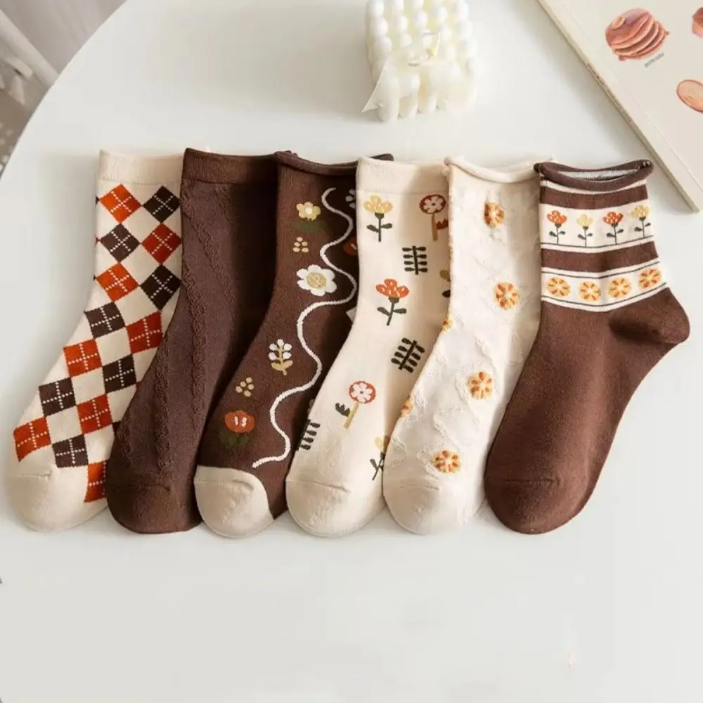 Sweet Flower Middle Tube Socks Flower Thickened Floral Print Socks Hosiery Breathable Knitted Mid-tube Socks Autumn