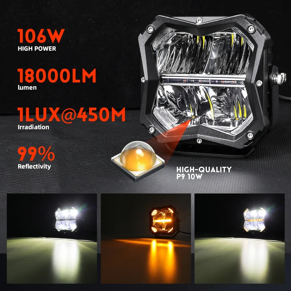 Super Bright Newest Square 4X4 Off Road Trucks 5 Inch Led Driving Lights With Amber DRL Backlit