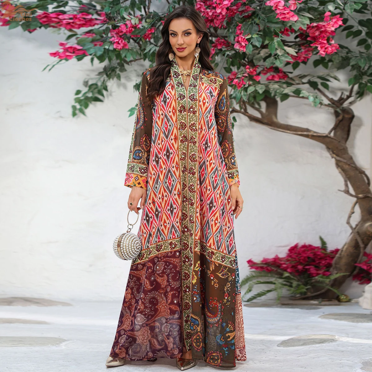 

Uni New Floral Print Maxi Dresses Morocco Luxury Rhinestones Woman Evening Dress Long Sleeve Kaftan 2026