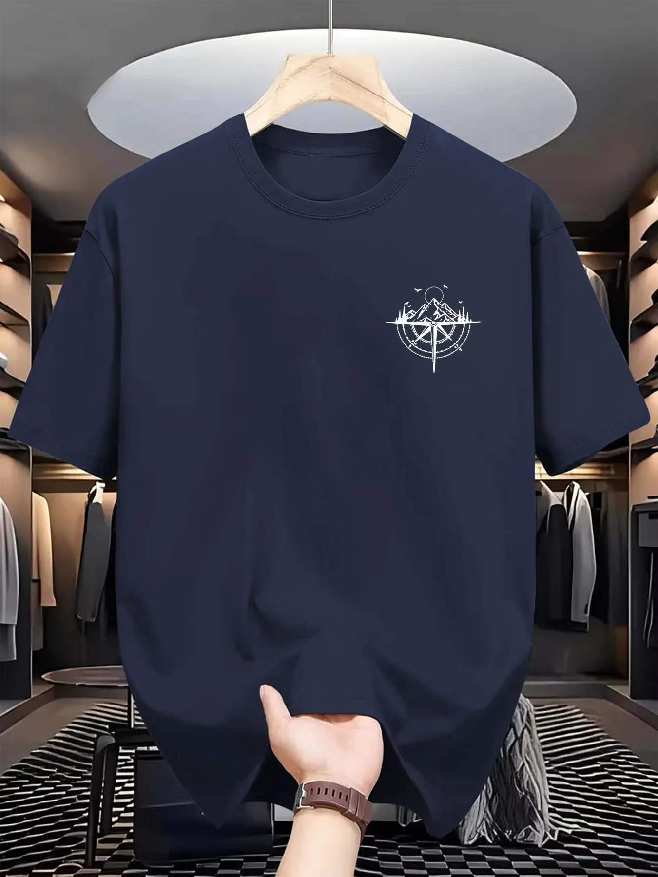 Sommer-T-Shirt für Herren aus 100 % Baumwolle mit Mountain Compass-Grafikdruck, lässig, locker, sportlich, bequem, Rundhalsausschnitt, kurzärmelig – Detail 4