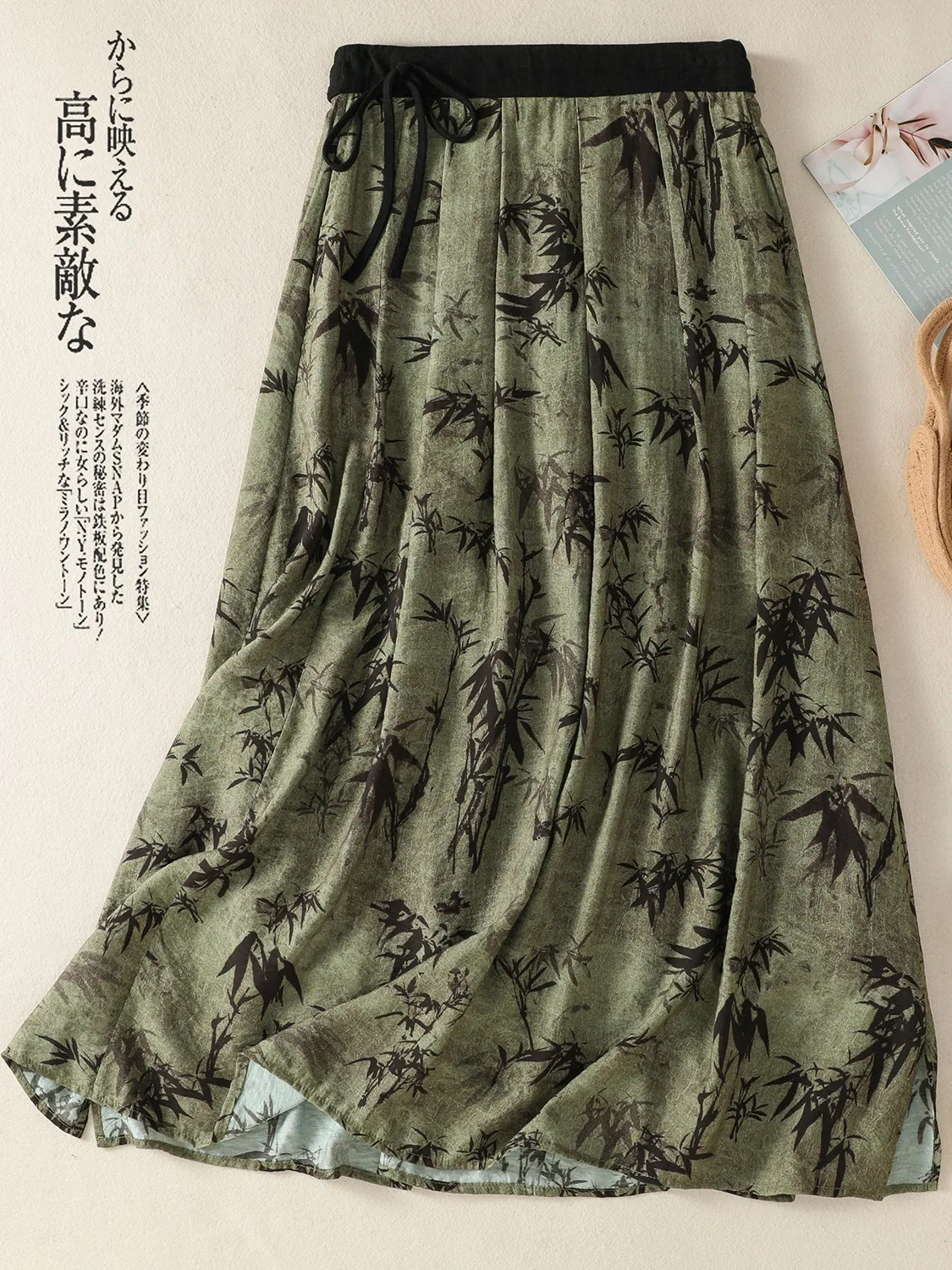 

Летняя юбка New een с бамбуковым узором из хлопка и льна с принтом, женская утягивающая драпированная длинная юбка трапециевидной формы в стиле ретро с поясом и высокой талией