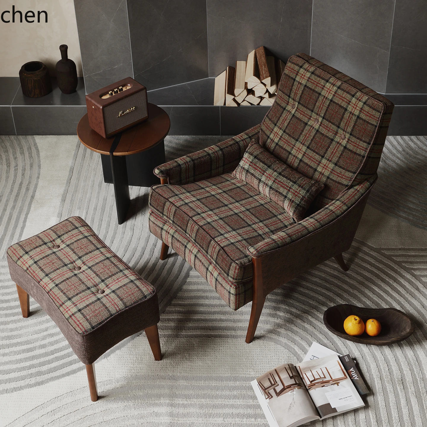 H5.25 single sofa tiger chair fabric leisure chair retro solid wood single chair