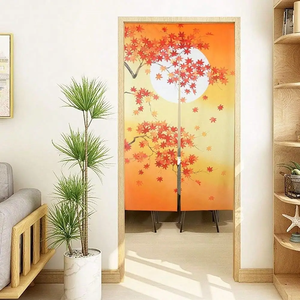 Noren Long Type Doorway Curtain Door Tapestries For Home Decoration 33.5 X 59 Inch Autumn Maple Leaves And Full Moon