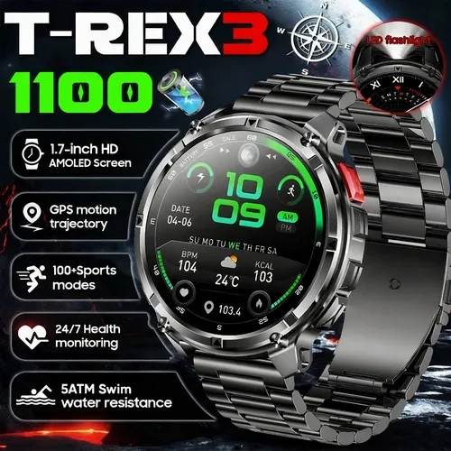 Imagen 1 del producto Nuevo Reloj Inteligente Militar T-Rex3 Ultra 1100Mah para Hombre, Pantalla AMOLED de 1.7'', GPS, Resistente al Agua 5ATM, Brújula, Linterna LED, Compatible con iOS, 2026
