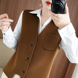 Spring and Autumn New 100% Wool Vest Women's V-neck Short Asymmetric Cardigan Handmade Double Faced Cloth Coat Top Kam Shoulder