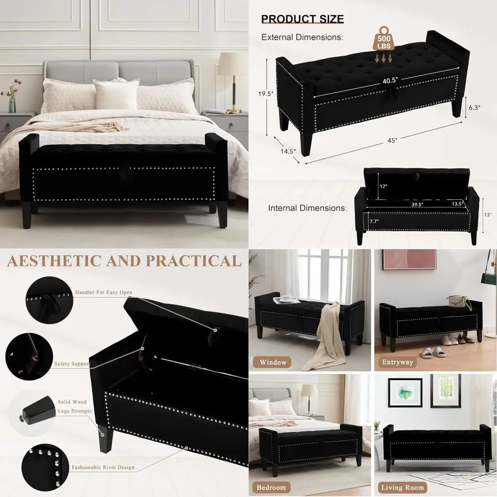 مقعد عثماني للتخزين معنقدة بأزرار منجدة حديثة، 45 مدخل أسود بأذرع، مثالي لغرفة النوم أو المدخل #1