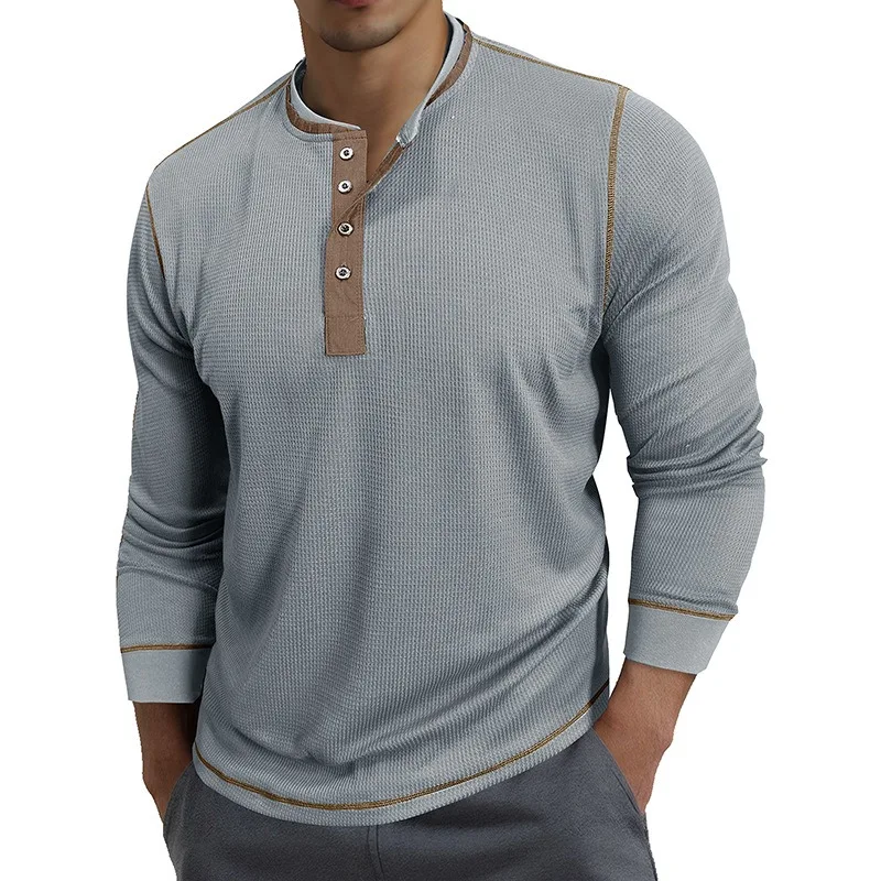 

Men's Round Neck Contrasting Color Long Sleeve POLO Shirt T-shirt Retro Henry Mens Top Tee