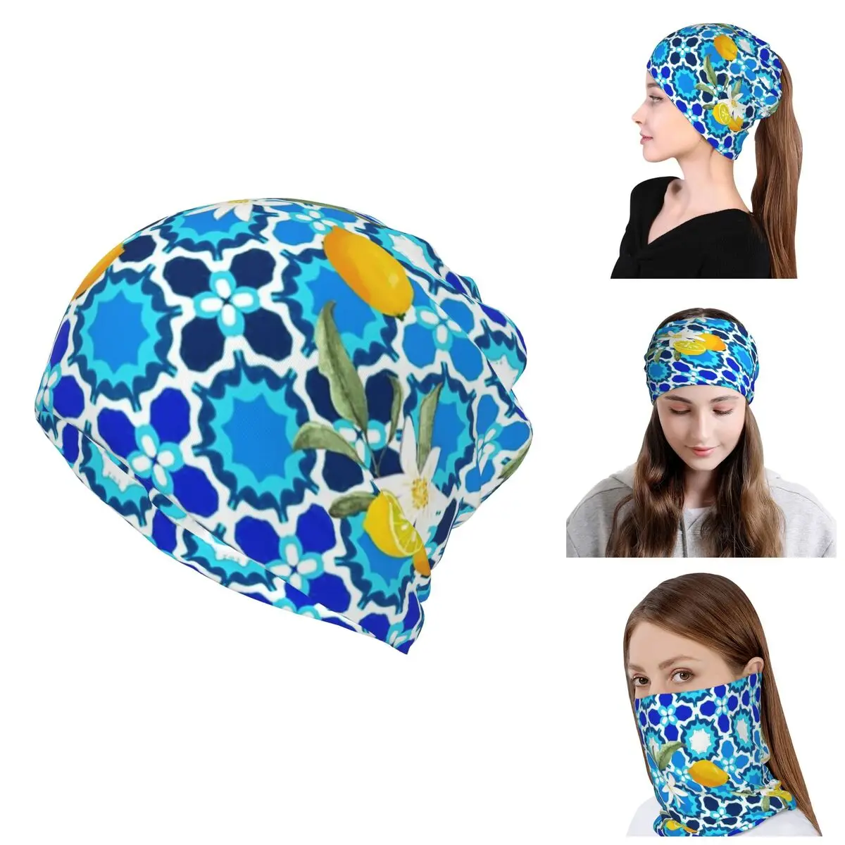 Custom Summer Lemons Fruit Tiles Bandana Neck Gaiter for Ski Camping Women Men Wrap Scarf Headband Warmer Skullies Beanies Caps