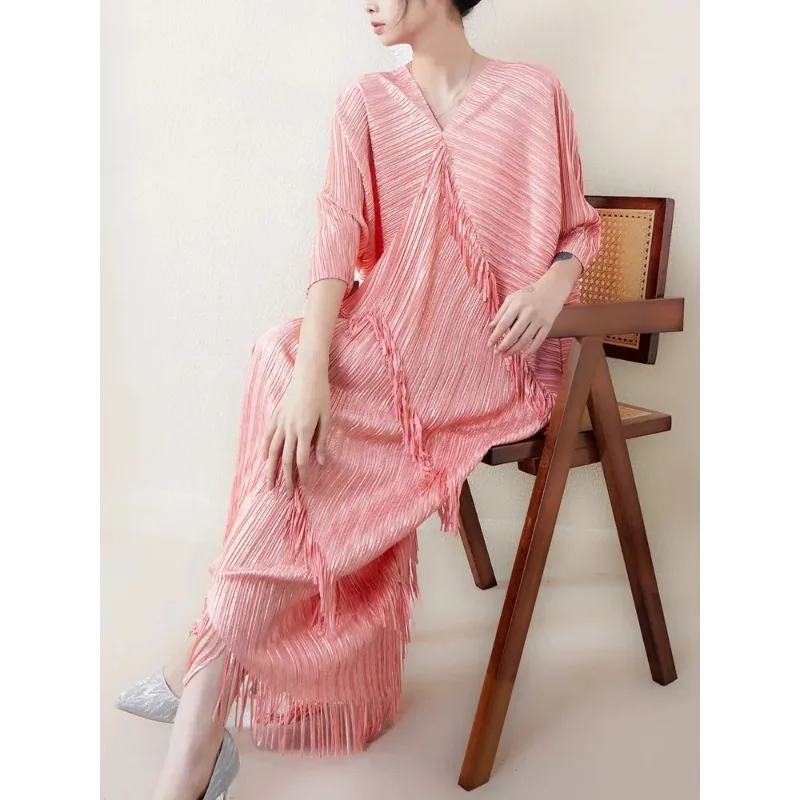 SMVP 여성용 우아한 원피스 브이넥 박쥐 소매 술 디자인, 루즈한 대형 여성 드레스, 단색, 2025 용수철, 신상