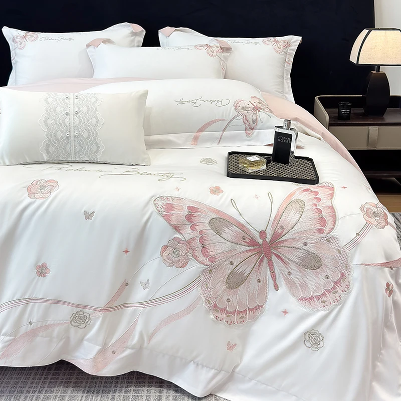 White/Pink Butterfly Flowers Embroidery 100% Cotton Luxury Bedding Set Duvet Cover Set Flat/Fitted Bed Sheet Pillowcases 4Pcs
