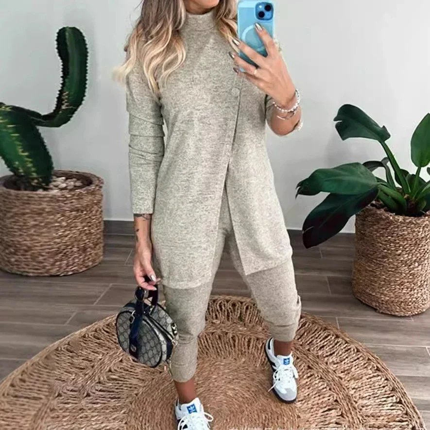 Two Piece Sets Women Pant Sets Turtleneck Long Sleeve Mid Length Tops Spring Tracksuit Long Pants High Waist Elegant Autumn