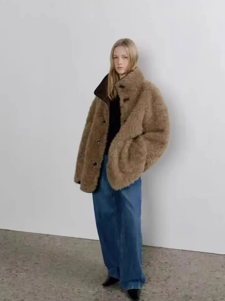 

Новинка зимы 2022, корейское ретро-стойка с воротником-стойкой, двустороннее кожаное меховое внутреннее женское пальто Jaet