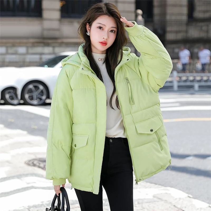 Winter Mid-Long Down Cotton Jacket Women 2023 New Loose Stand-Up Collar Hooded Coat Pure Colour Outerwear Parka Overcoat Female