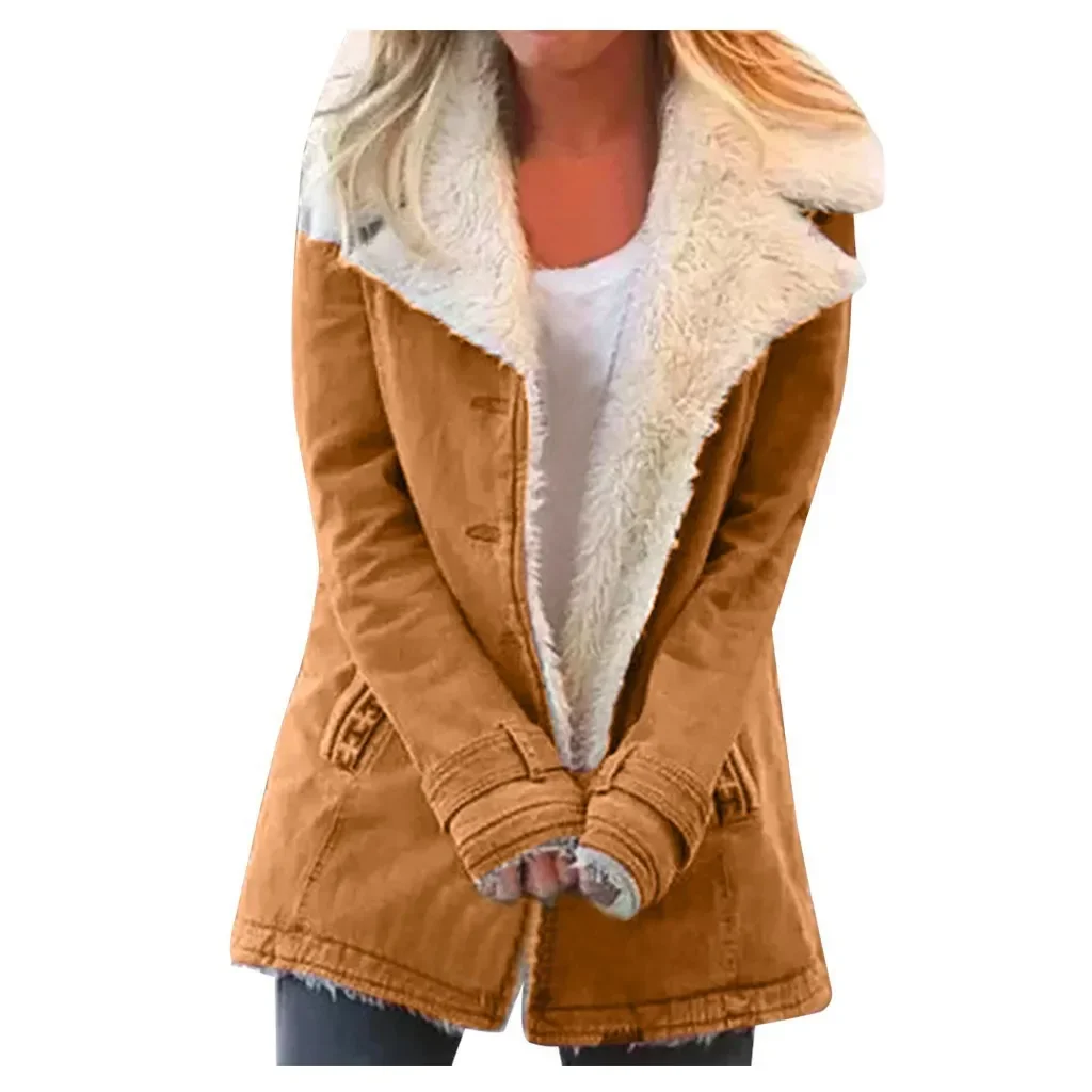 Women Autumn Winter Solid Color Plush Lapel Coat Jacket Fashion Casual Parka Jacket