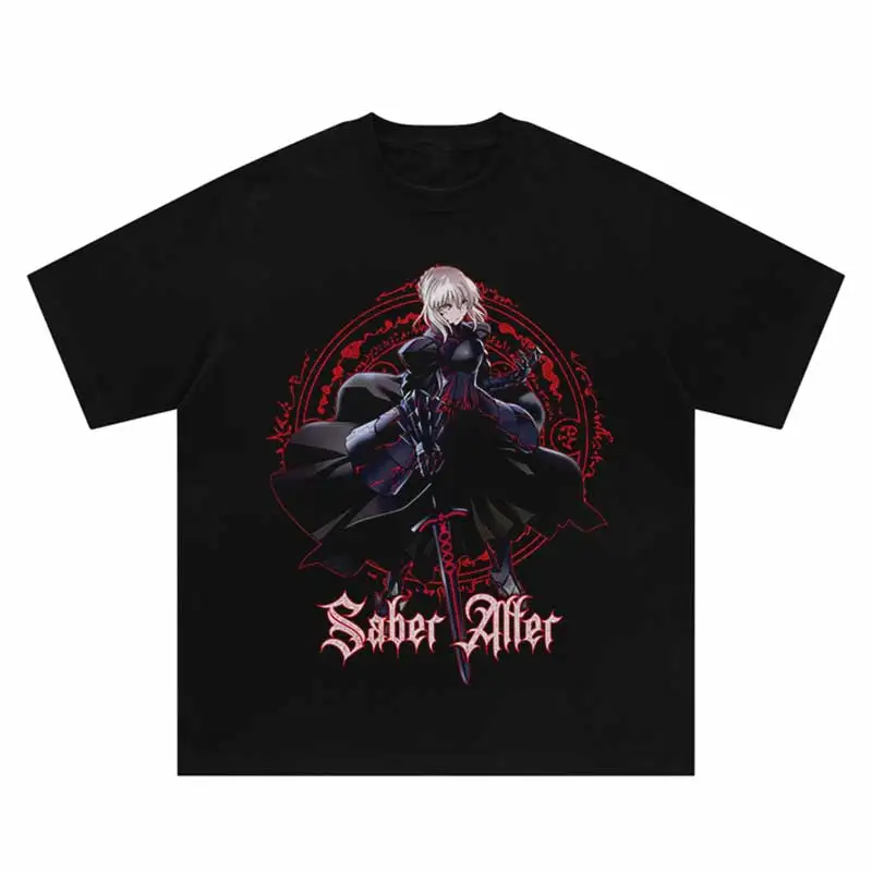 Harajuku Tshirt Hip Hop Japanese Anime The Girl with The Sword Print Punk Gothic Washed Oversize T-Shirt Fashion Loose Top