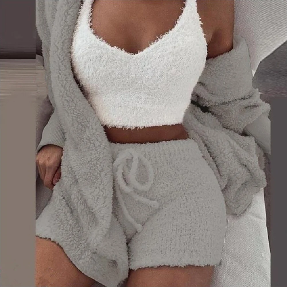 Casual Fluffy Pajamas Set for Women Sleepwear Tank Top and Shorts Plus Size Leisure Homsuit Autumn Winter Three Pieces Pijamas