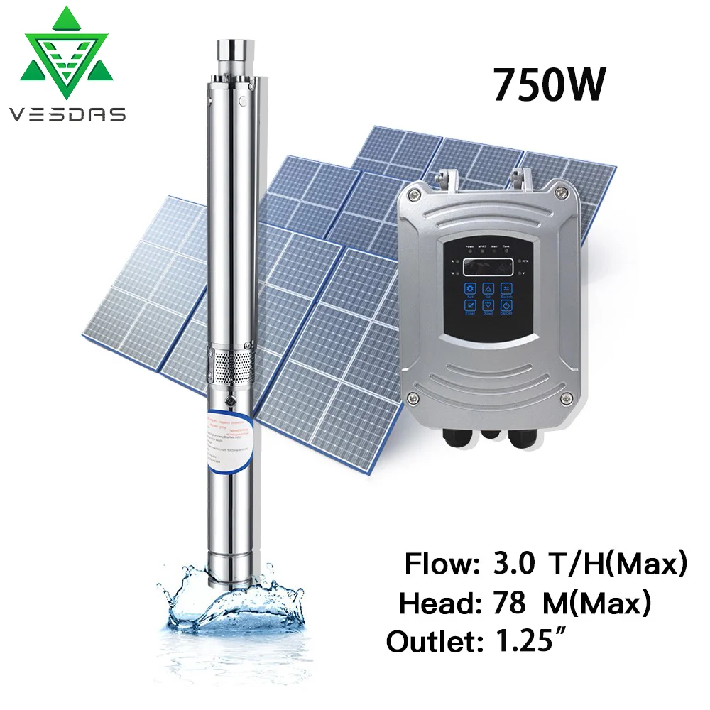 3T/H 78M Head,750W DC 48V Stainless steel,DC Brushless, Solar Deep Well Water Pump External Controller,Outlet 1.25