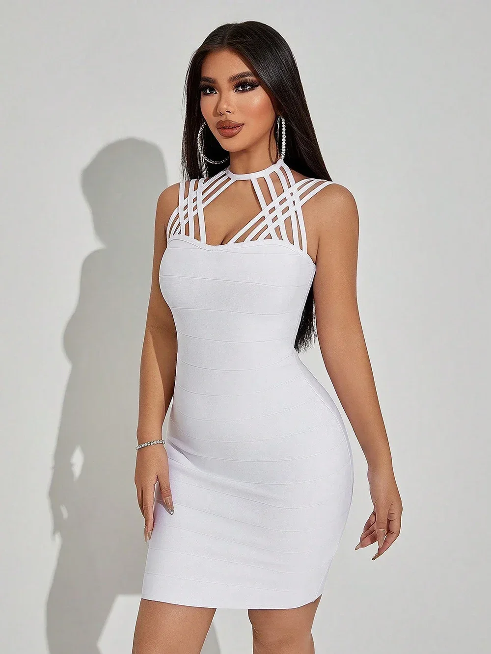 

2024 New White Hollow Cross Spaghetti Strap Design Tight Bandage Mini Dress Women's Sleeveless Retro Club Party Dress