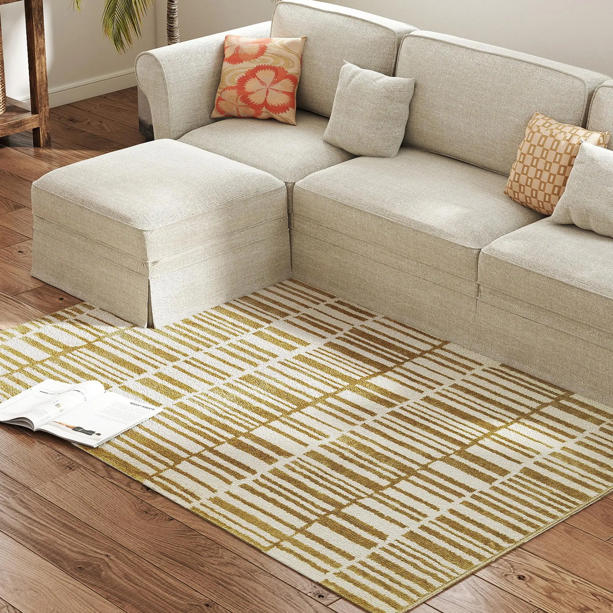 Tapis moderne 170x120cm, beige, lavable en machine, adapté aux allergies, idéal pour le chauffage au sol, salon/chambre
