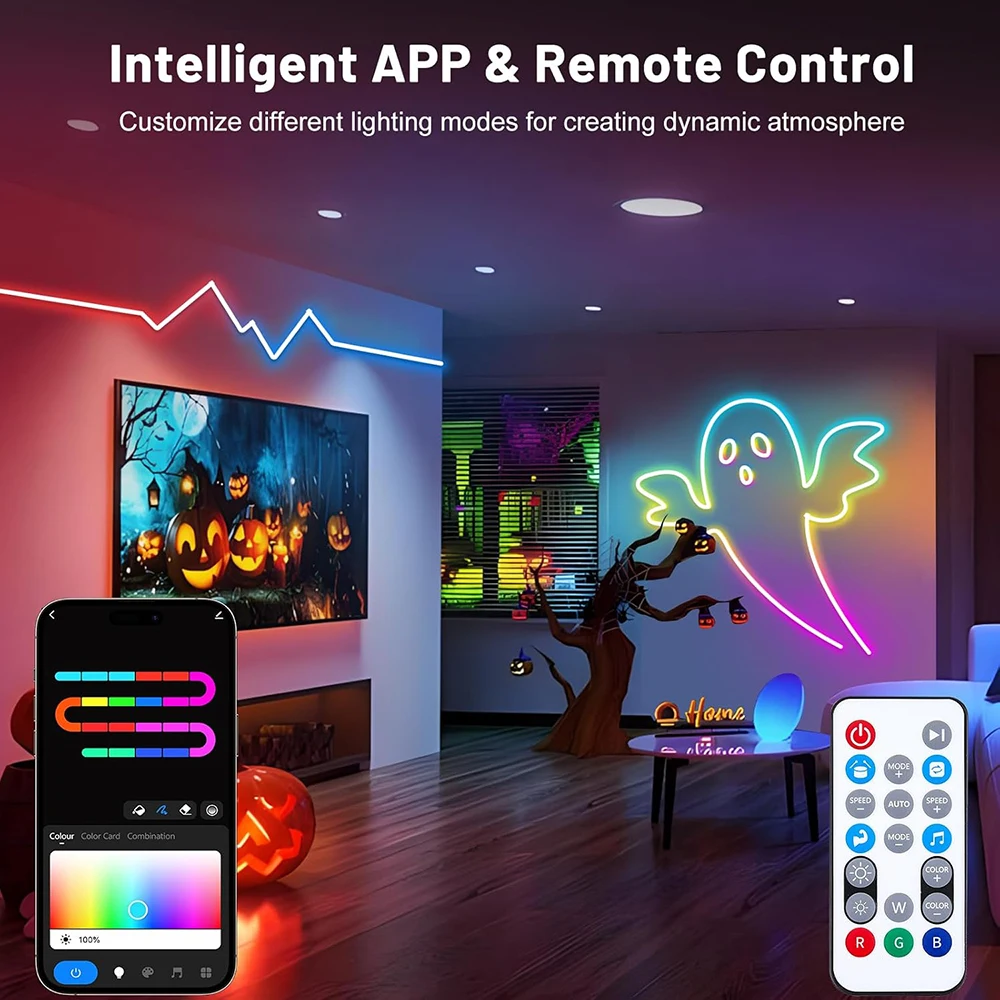 Luces de cuerda de neón LED RGB + IC inteligentes, flexibles, impermeables, 16,4 pies, con aplicación y Control remoto para juegos de pared, hogar de Navidad